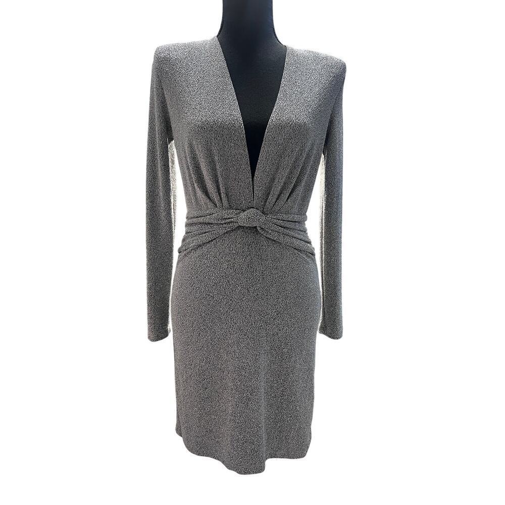 Zara Metallic Silver Deep V Knot Dress Women M Long Sleeve Bodycon Mini